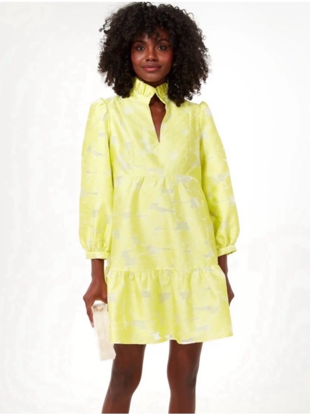 Tuckernuck sz M Palmerston Citron Fil Coupe Lime Yellow Ruffle Neck Tiered Dress
